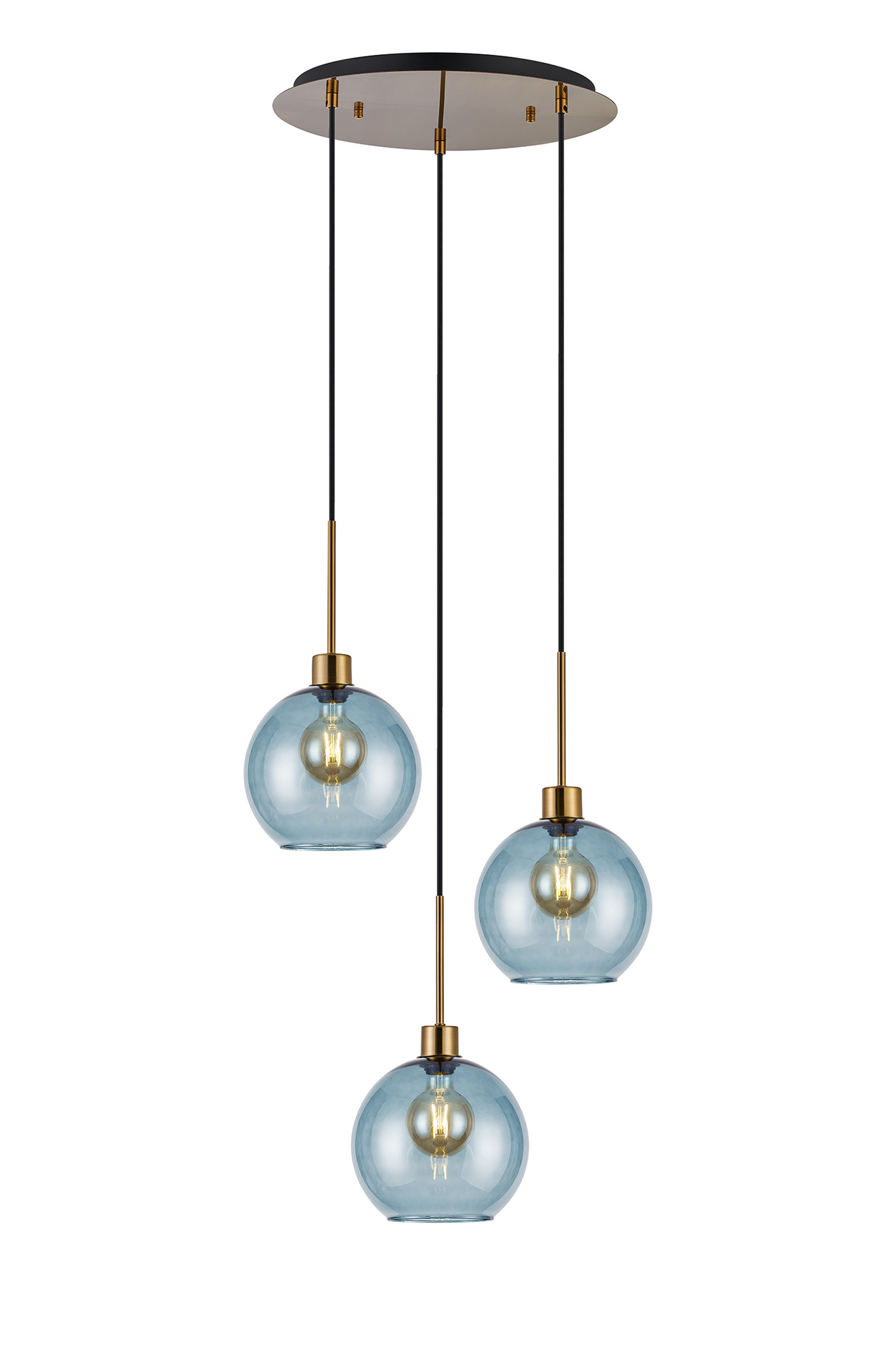 DK1177  Lori 40cm Round Pendant, 3 Light Adjustable E27, Antique Gold/Blue Open Mouth Round Globe Shades